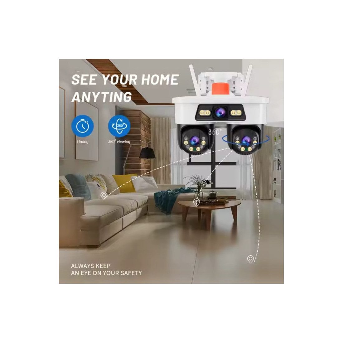 Camera Supraveghere Tripla WiFi JORTAN 8, 9MP, Triple Lens, Rotire 360°, Alarma, Vedere Nocturna Color, Ethernet, Waterproof