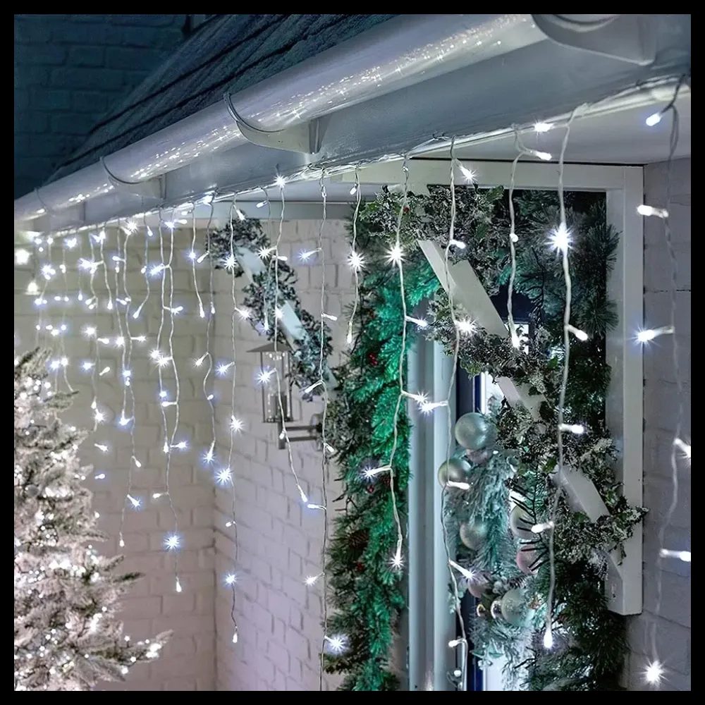 Pachet de 2 instalatii de 12m, interconectabile, 600 LED-uri tip turturi, franjuri, Craciun, diverse culori, lungime 24m