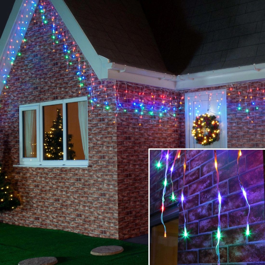 Pachet de instalatii 30m cu flash, 2x15m, 600 LED-uri, exterior, tip franjuri/ turturi ,fir alb, interconectabila