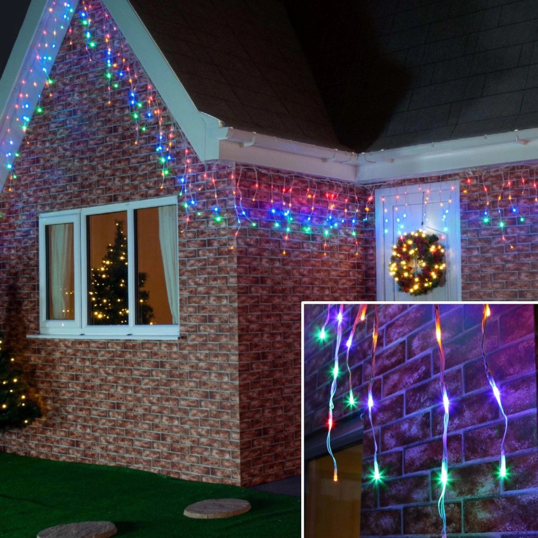 Pachet de instalatii 30m cu flash, 2x15m, 600 LED-uri, exterior, tip franjuri/ turturi ,fir alb, interconectabila