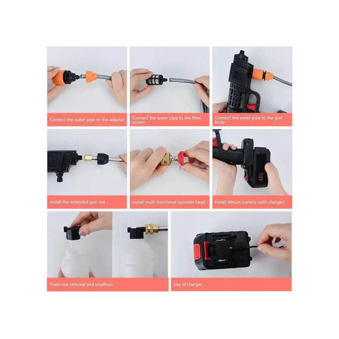 Pistol de spalat cu presiune, 8L/min, cu acumulator de 48Vf, trusa plastic