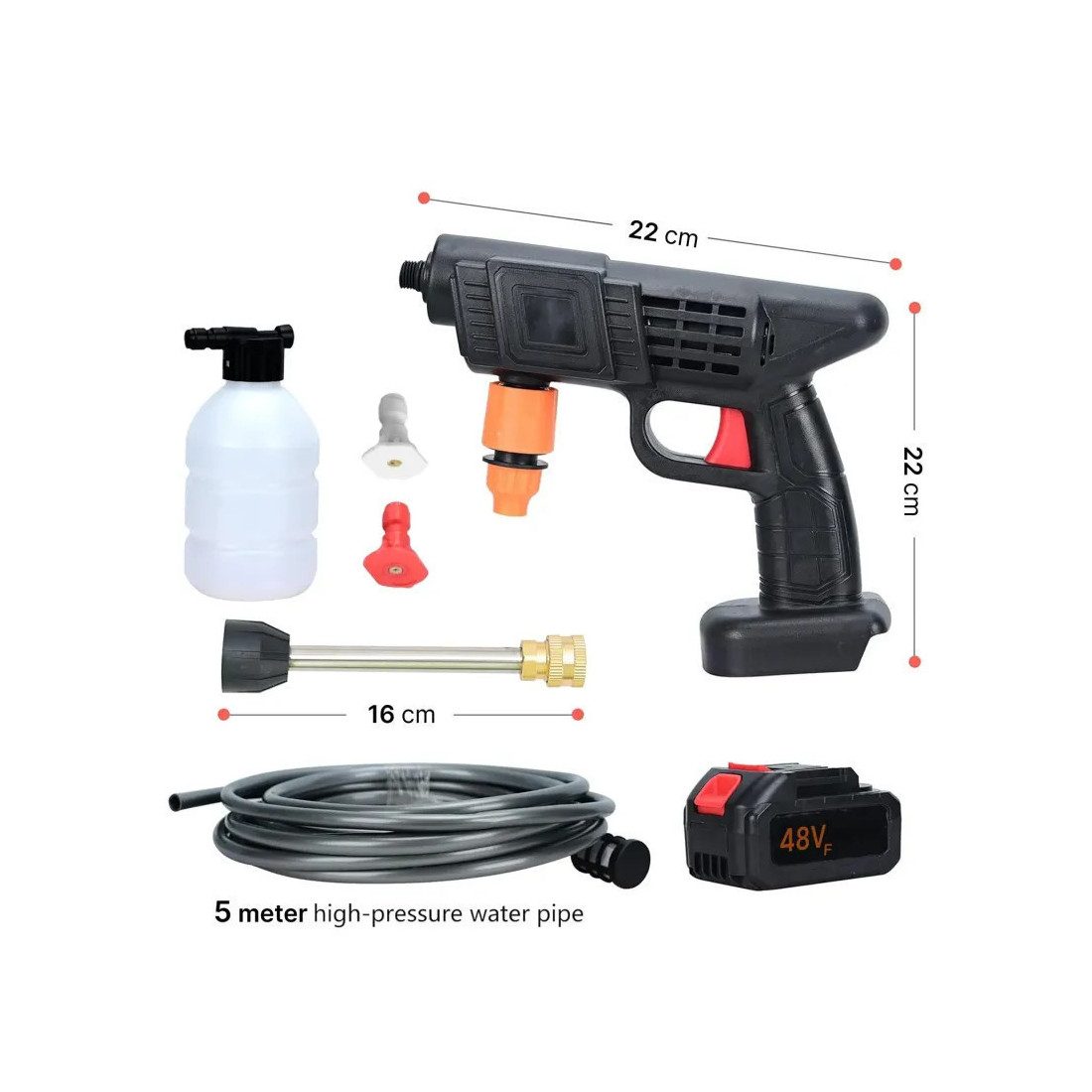 Pistol de spalat cu presiune, 8L/min, cu acumulator de 48Vf, trusa plastic