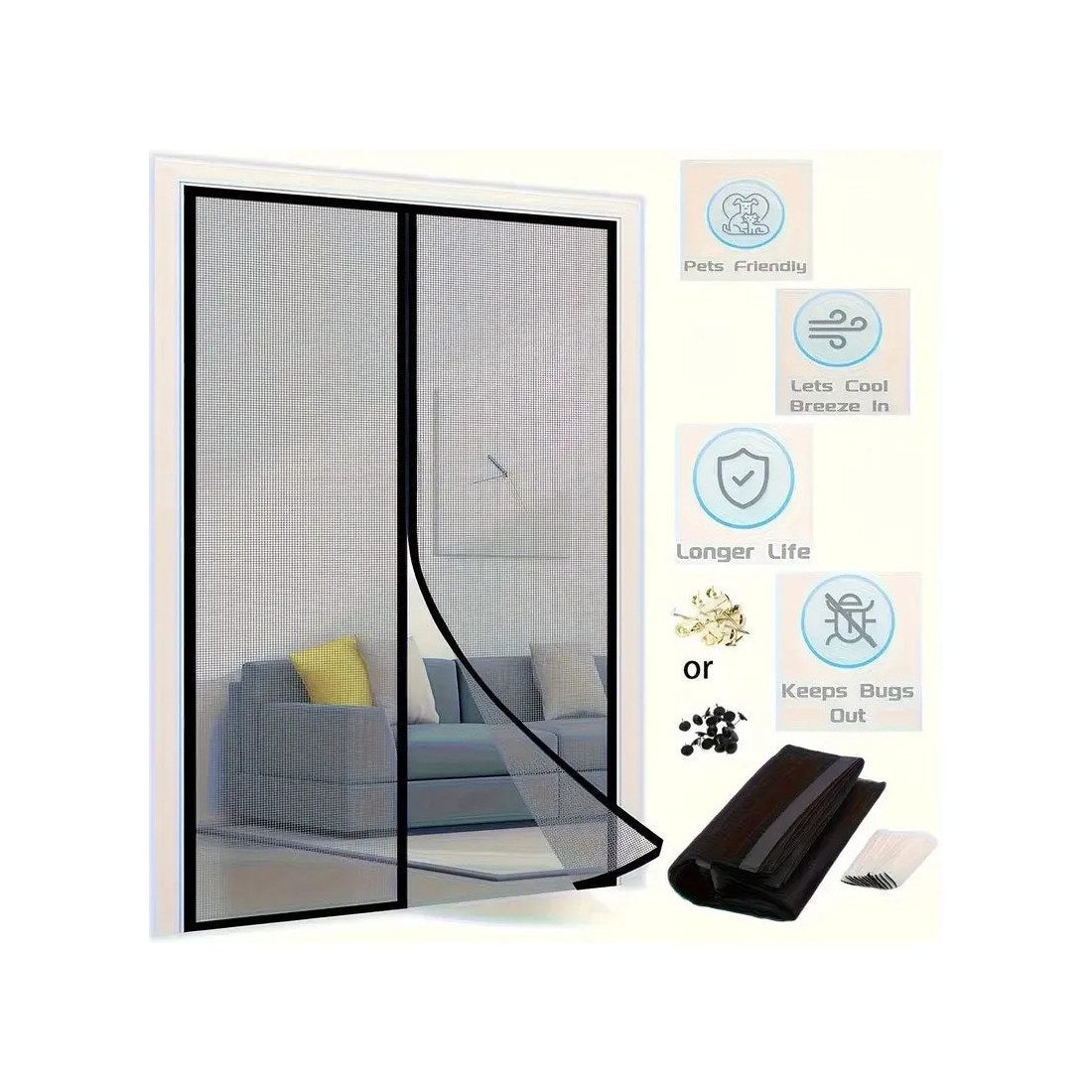 Set 3 Perdele Magnetice Antiinsecte, 210x100 cm, Închidere Automată, Montaj fără Scule