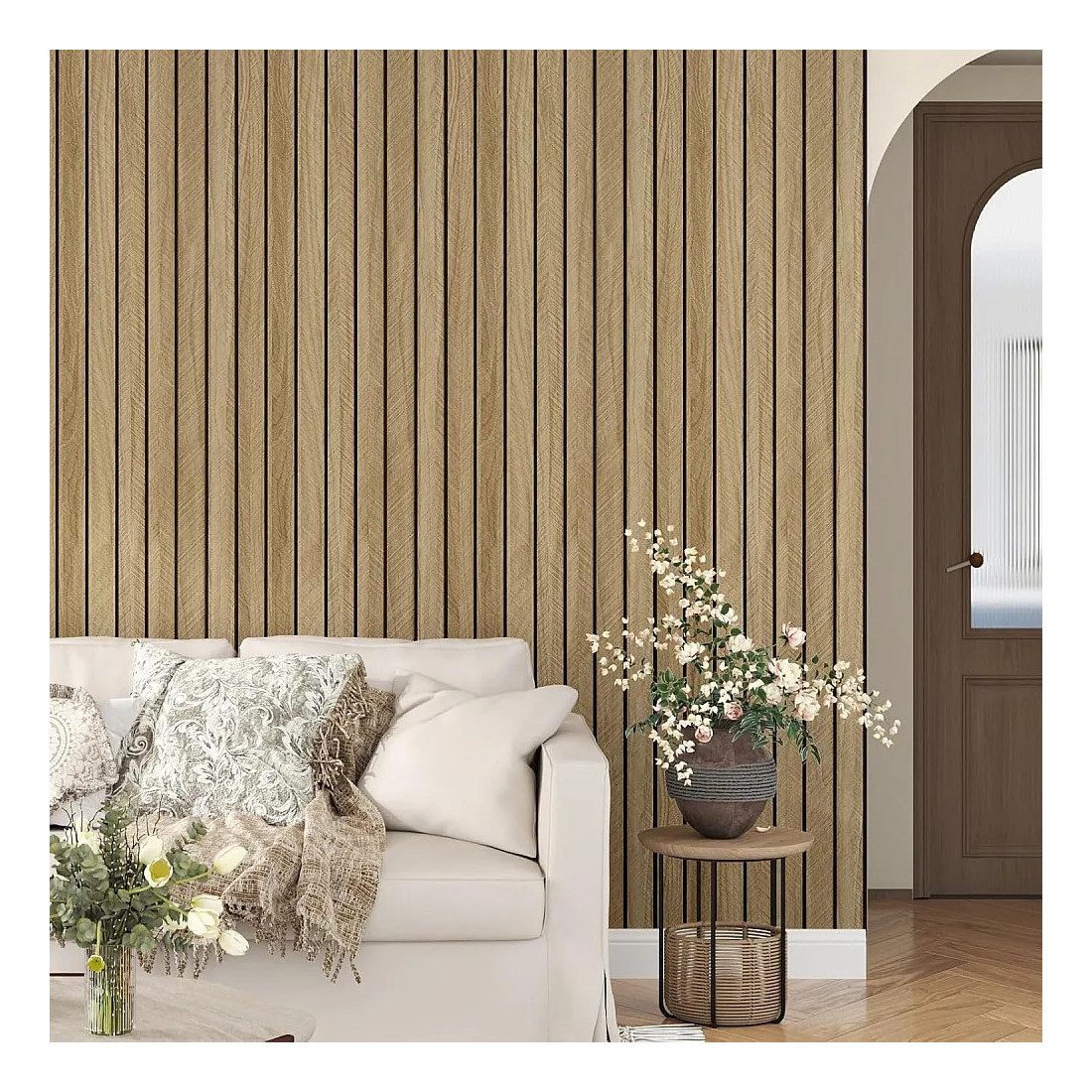  Set 5 x Tapet decorativ autoadeziv, aspect lemn vertical, 30x60cm, model 3D modern, pentru perete interior, imitatie riflaj